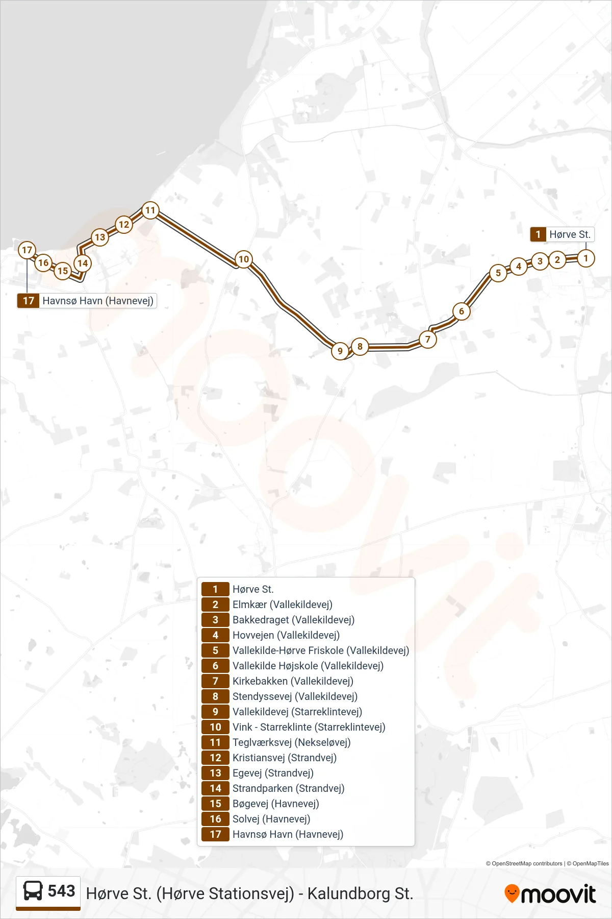 543 bus Linje (Havnsø Havn) rute og stop på et kort
