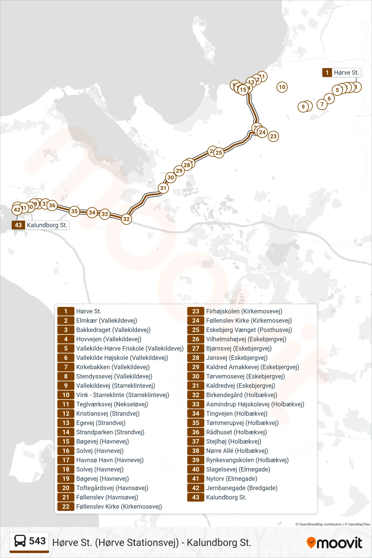 543 bus Linje (Kalundborg St.) rute og stop på et kort