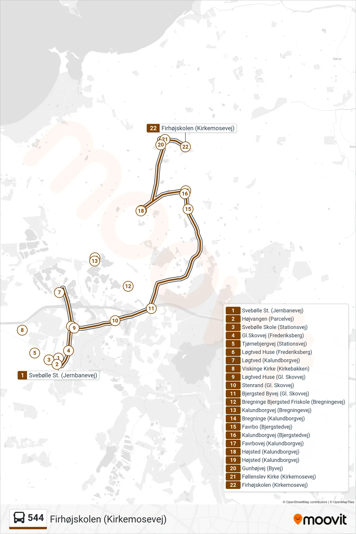 544 bus Linje (Firhøjskolen (Kirkemosevej)) rute og stop på et kort