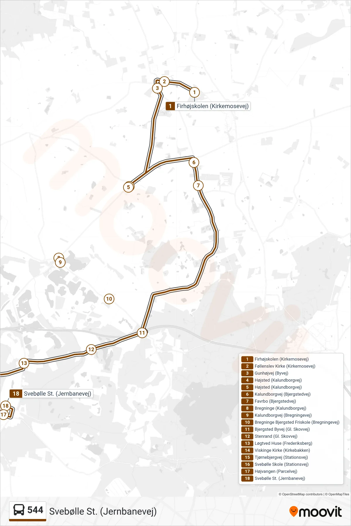 544 bus Linje (Svebølle St. (Jernbanevej)) rute og stop på et kort