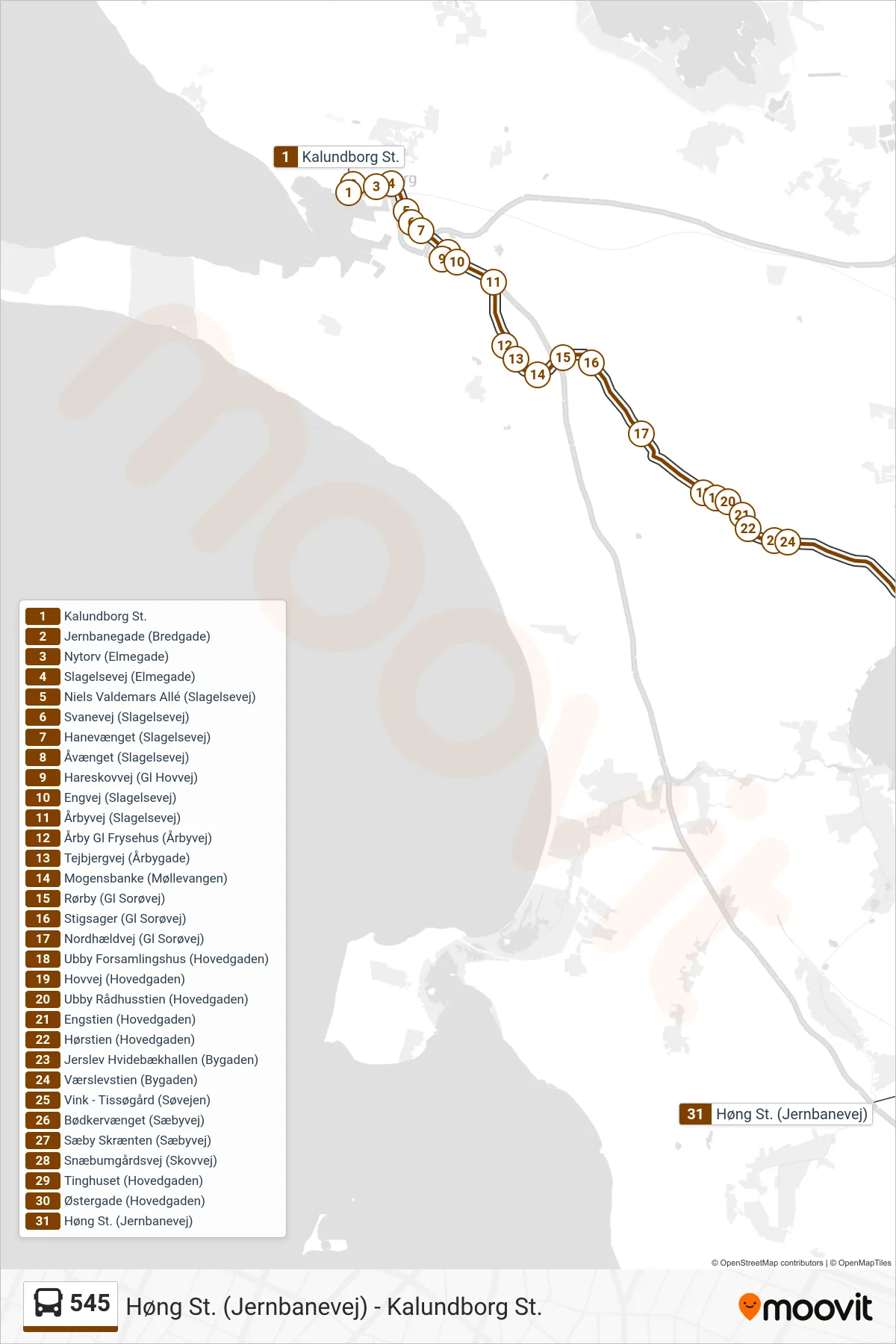 545 bus Linje (Høng St.) rute og stop på et kort