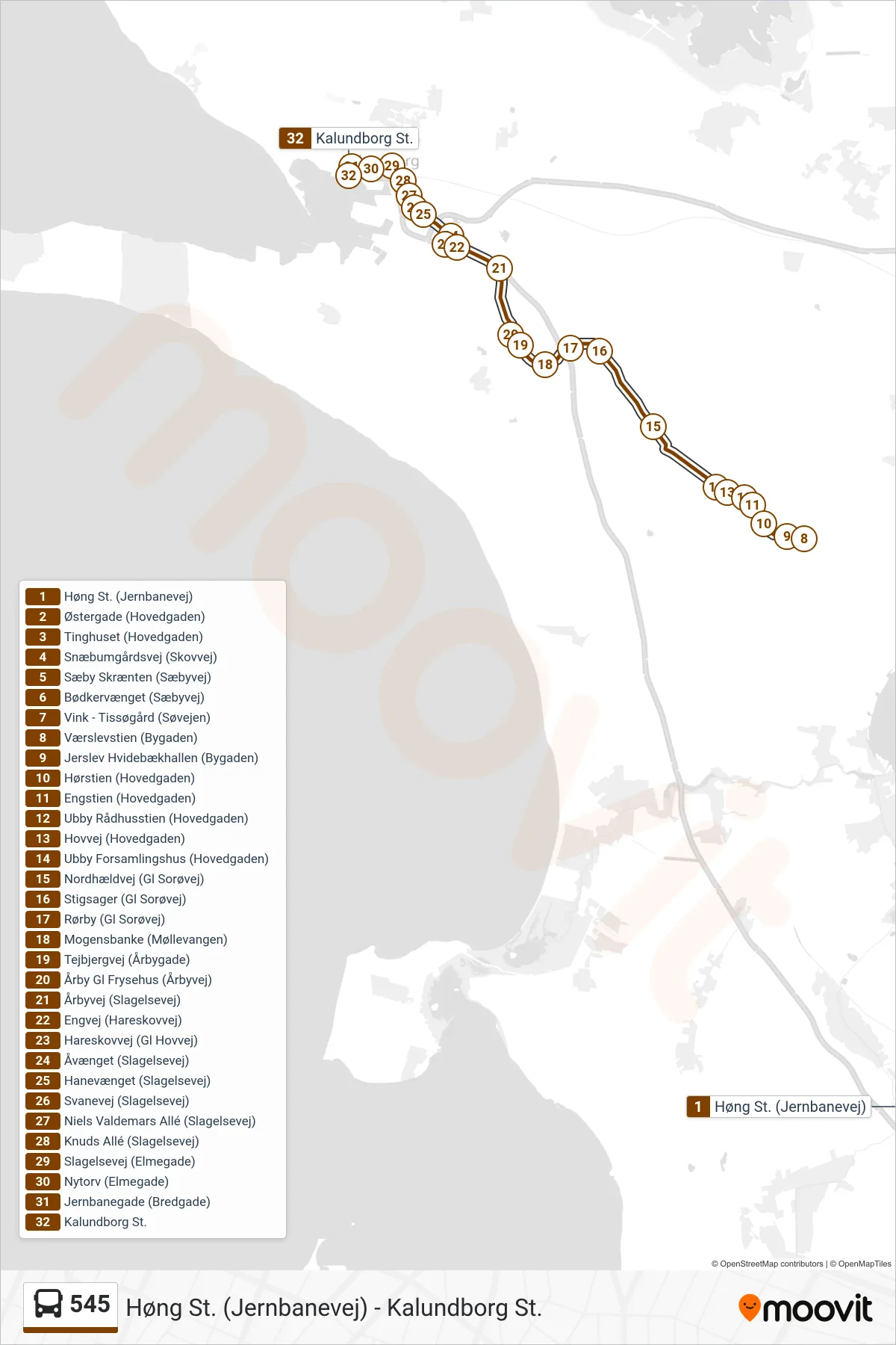 545 bus Linje (Kalundborg St.) rute og stop på et kort