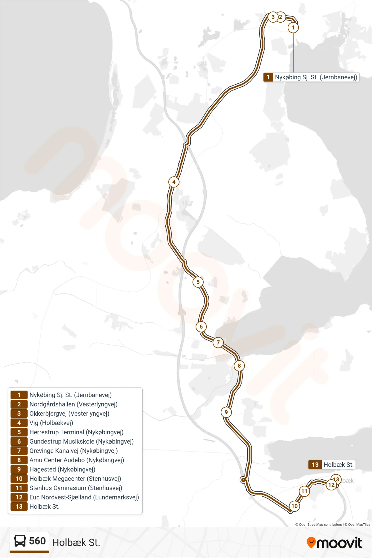 560 bus Linje (Holbæk St.) rute og stop på et kort
