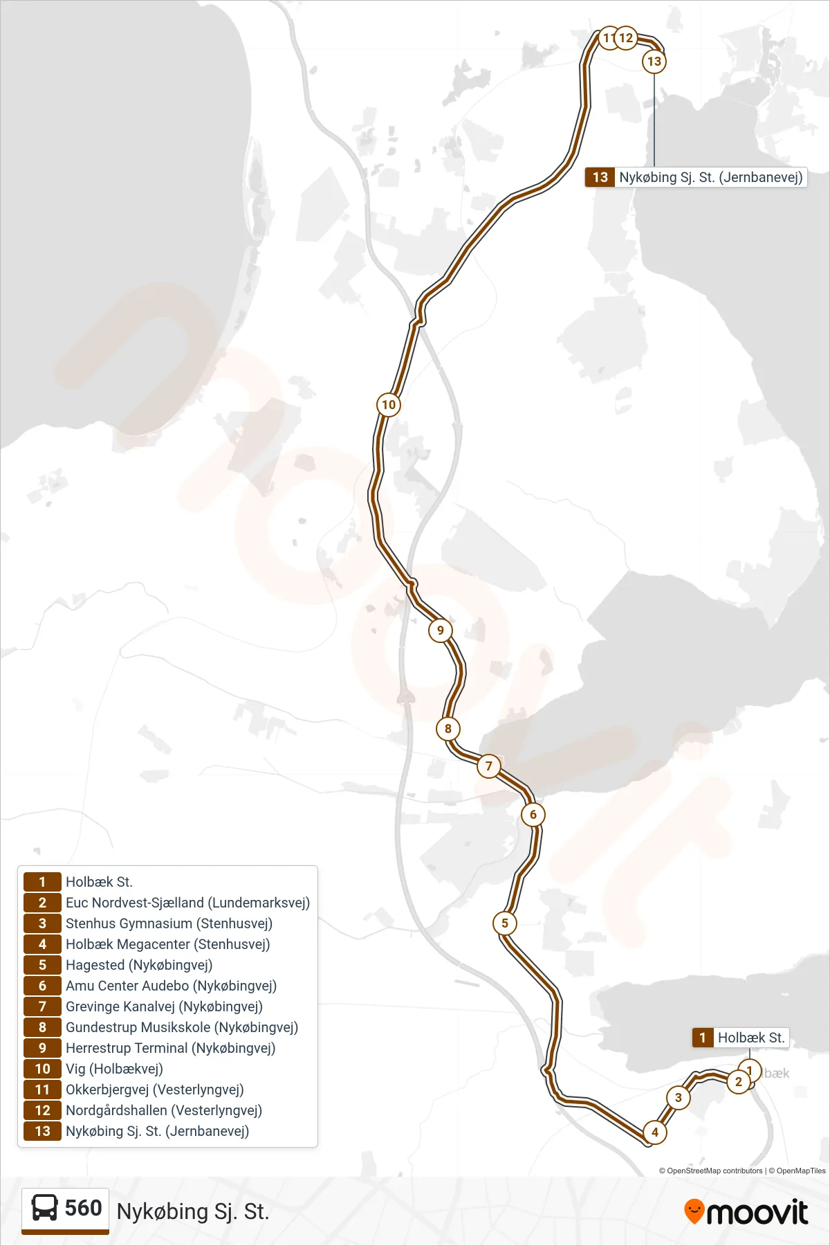 560 bus Line (Nykøbing Sj. St.) route and stops on a map