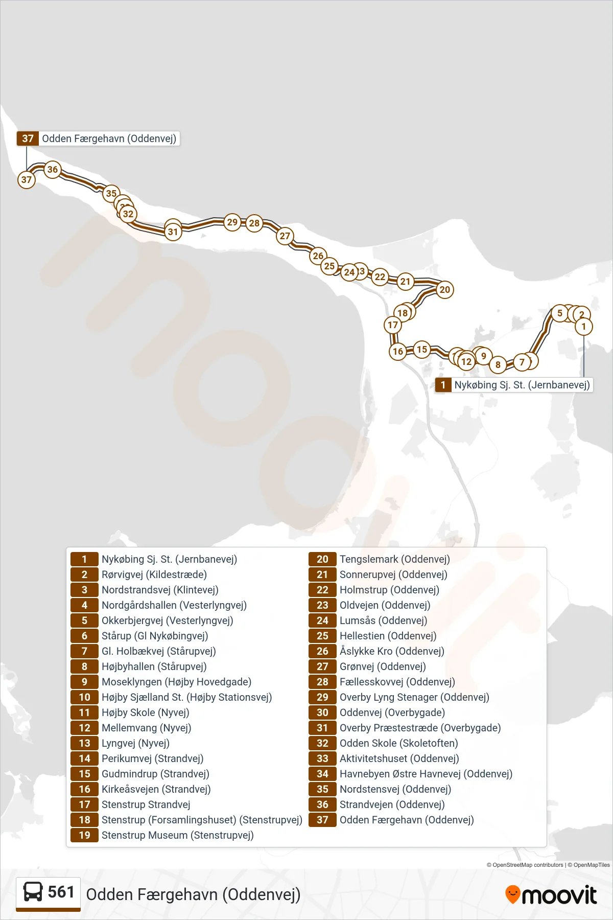 561 bus Line (Odden Færgehavn (Oddenvej)) route and stops on a map