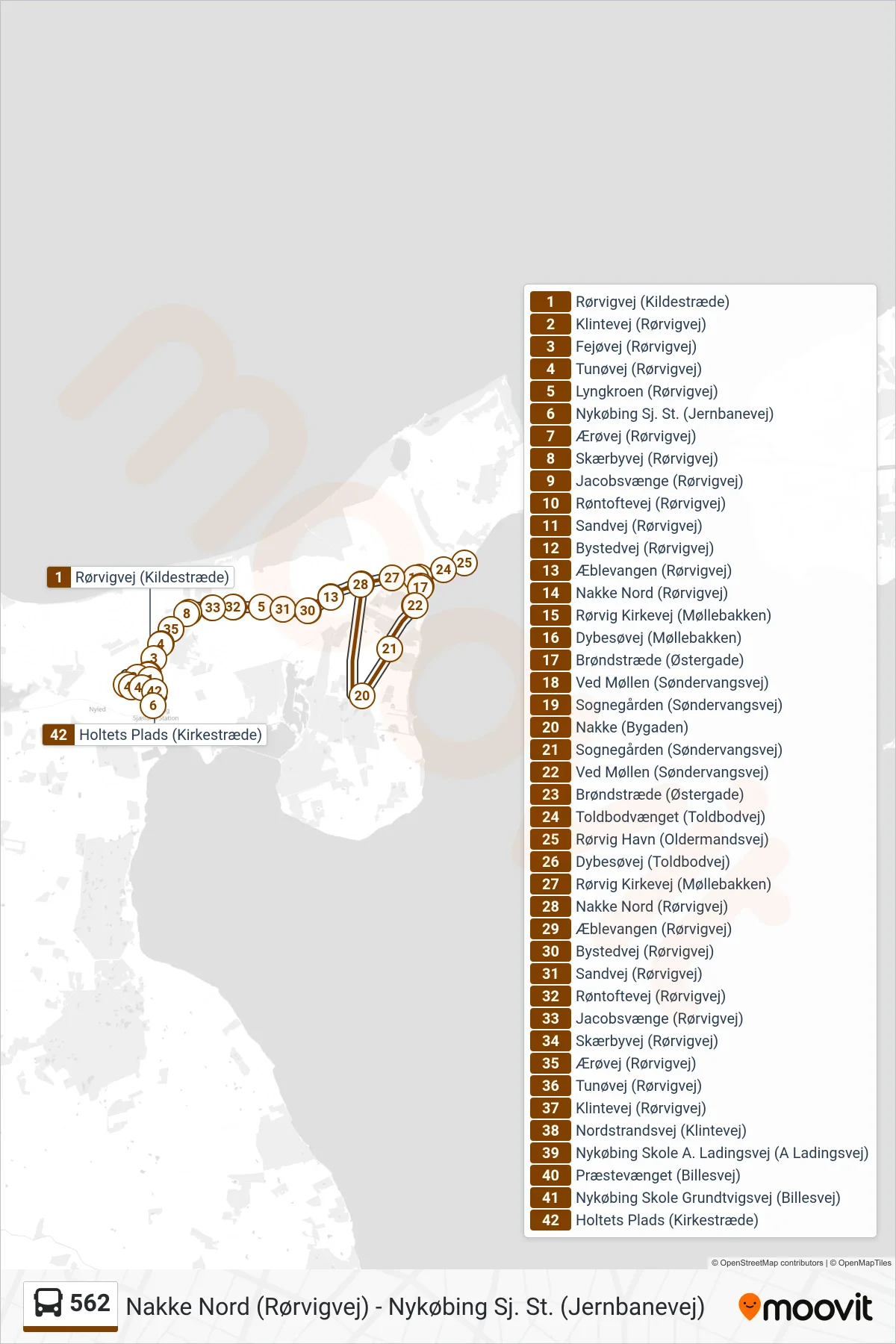 562 bus Linje (Nykøbing Sj. St. (Jernbanevej)) rute og stop på et kort