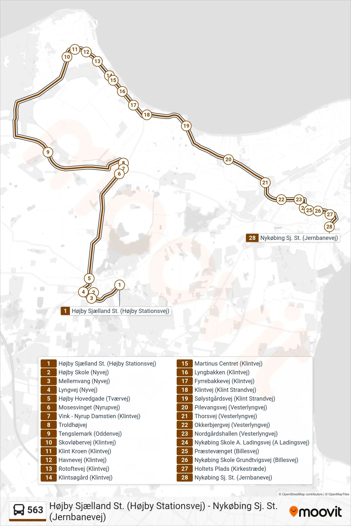 563 bus Line (Nykøbing Sj. St.) route and stops on a map