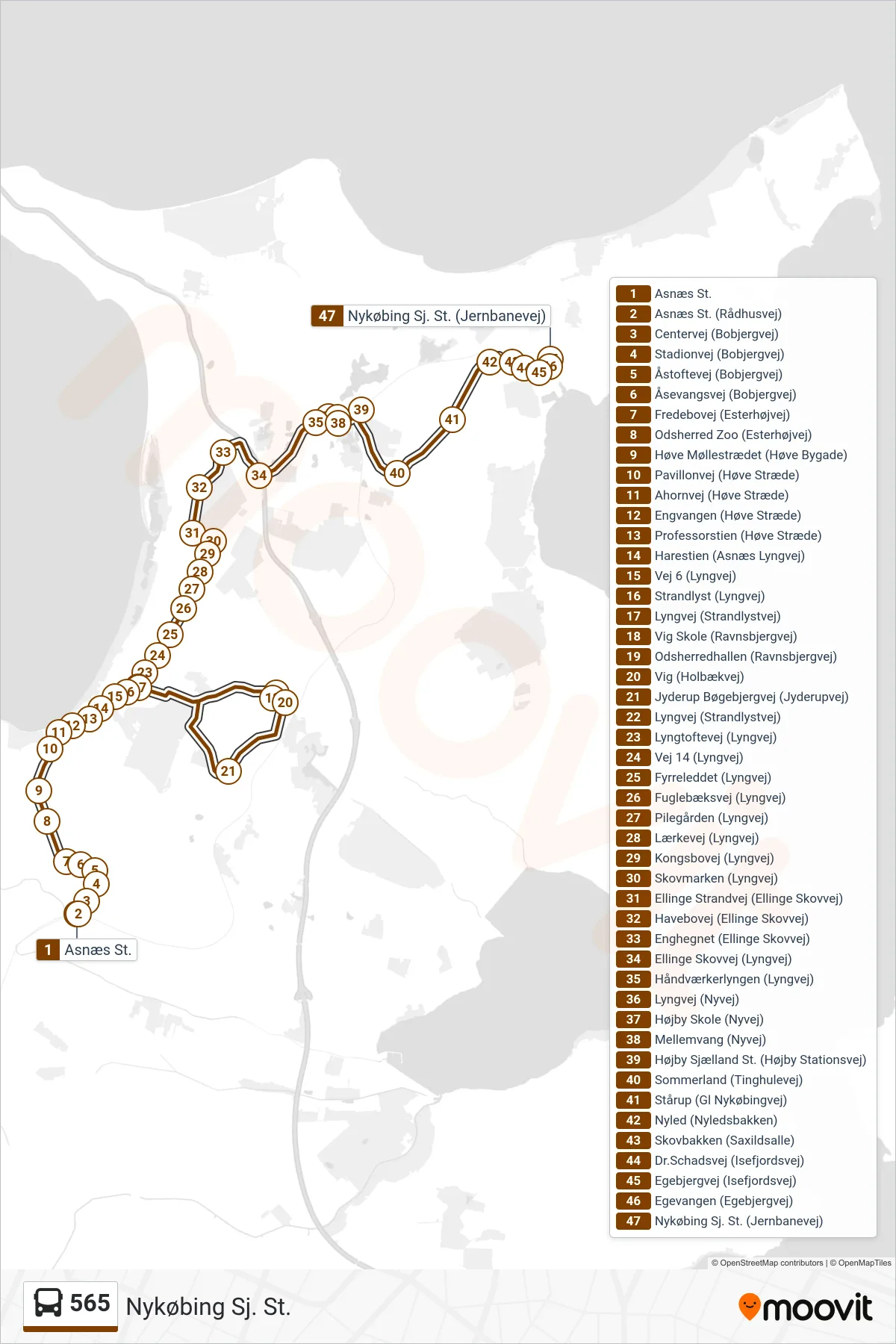 565 bus Linje (Nykøbing Sj. St.) rute og stop på et kort