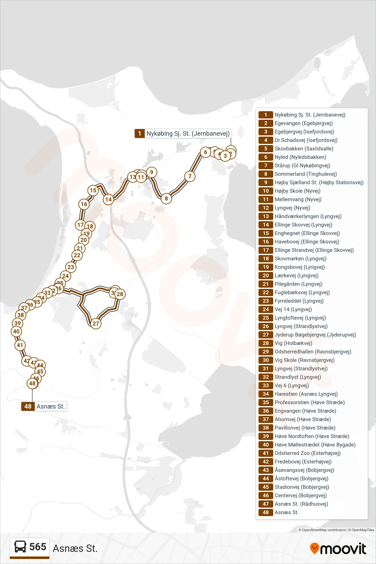 565 bus Linje (Asnæs St.) rute og stop på et kort