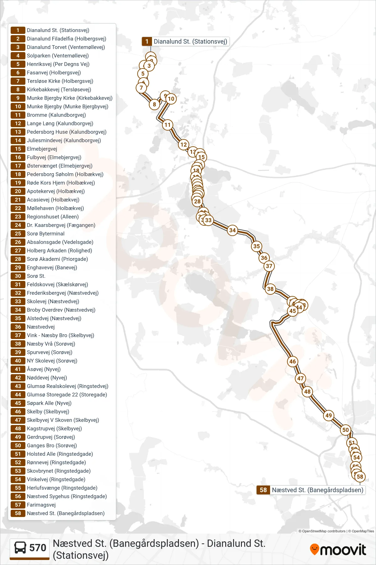 570 bus Linje (Næstved St.) rute og stop på et kort