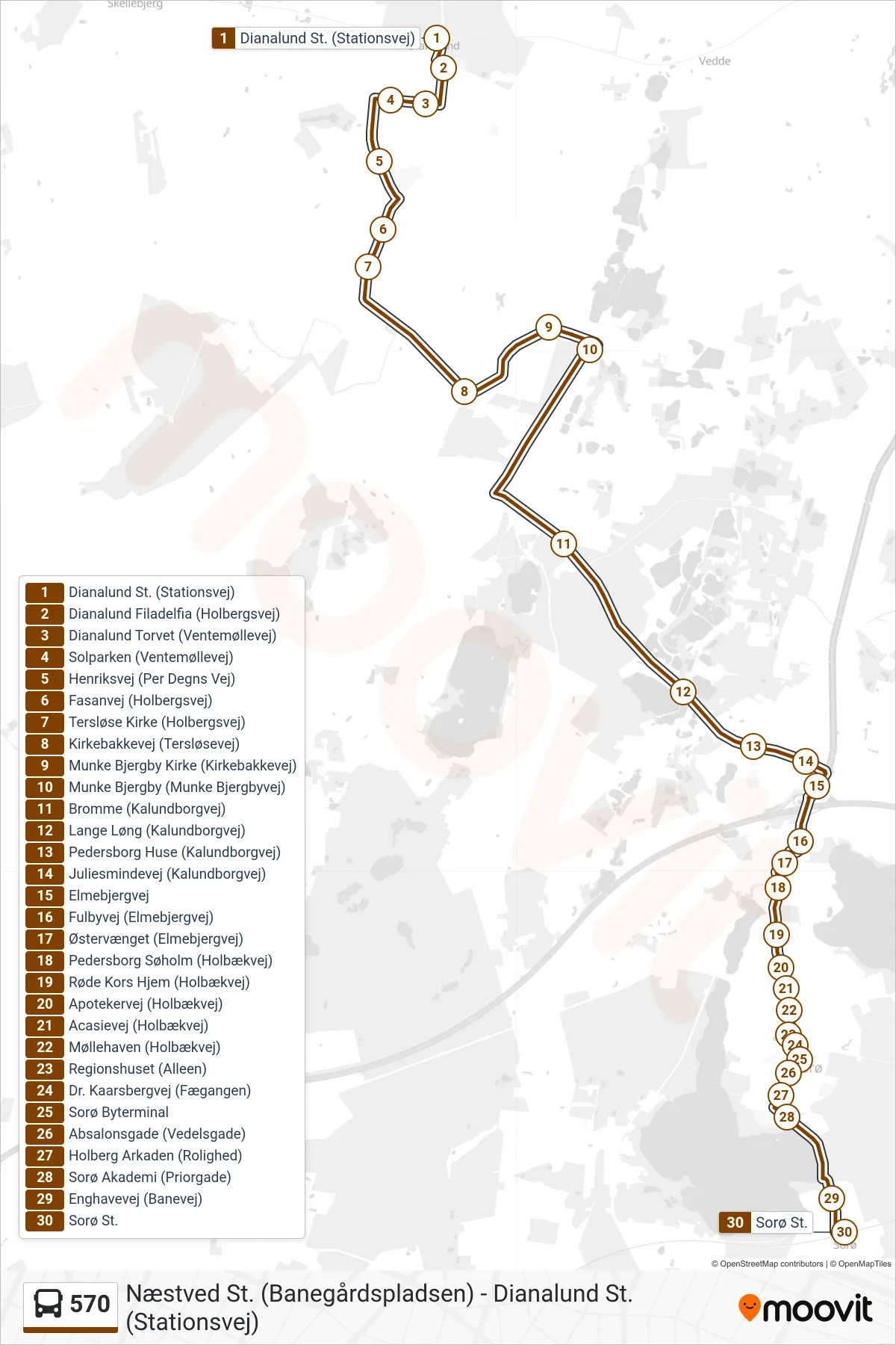 570 bus Linje (Sorø St.) rute og stop på et kort