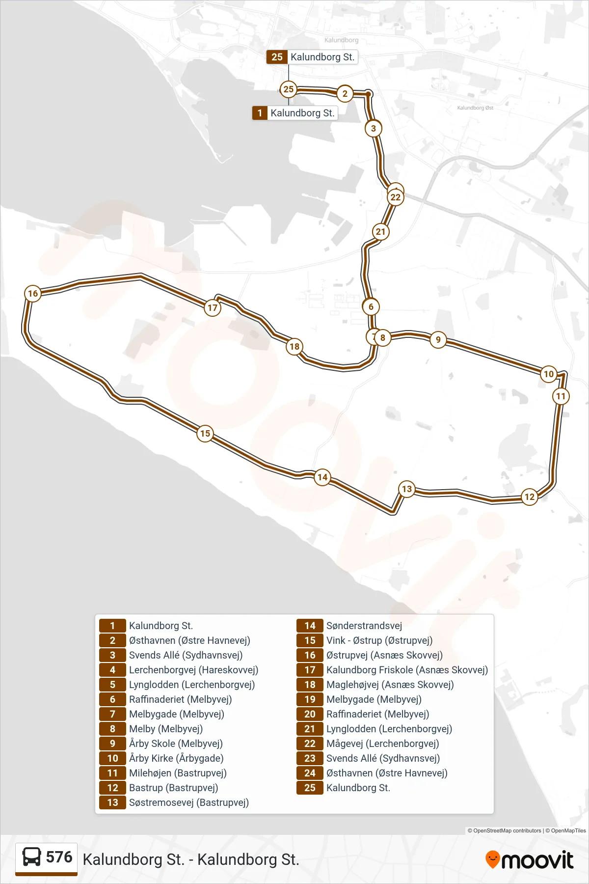 576 bus Linje (Kalundborg St.) rute og stop på et kort