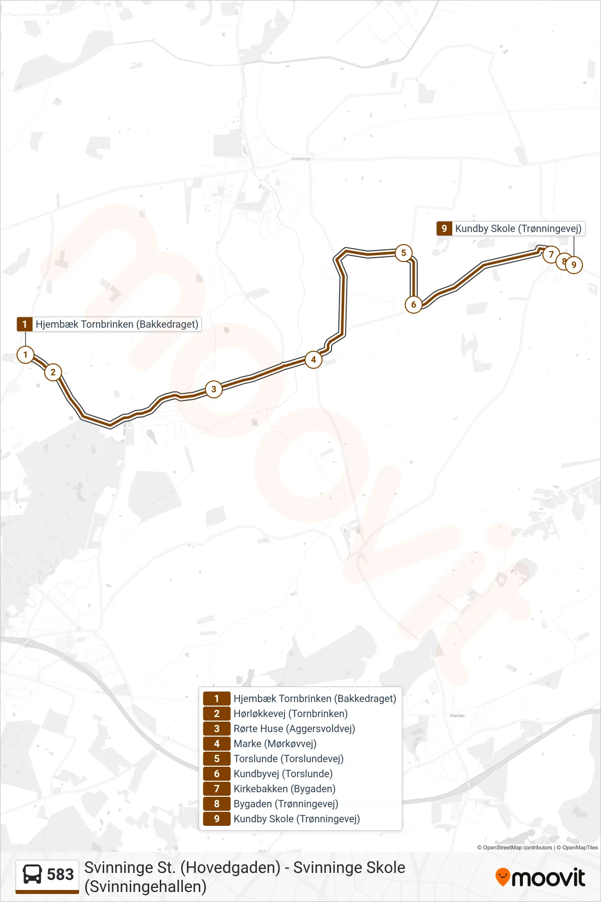 583 bus Linje (Kundby Skole) rute og stop på et kort