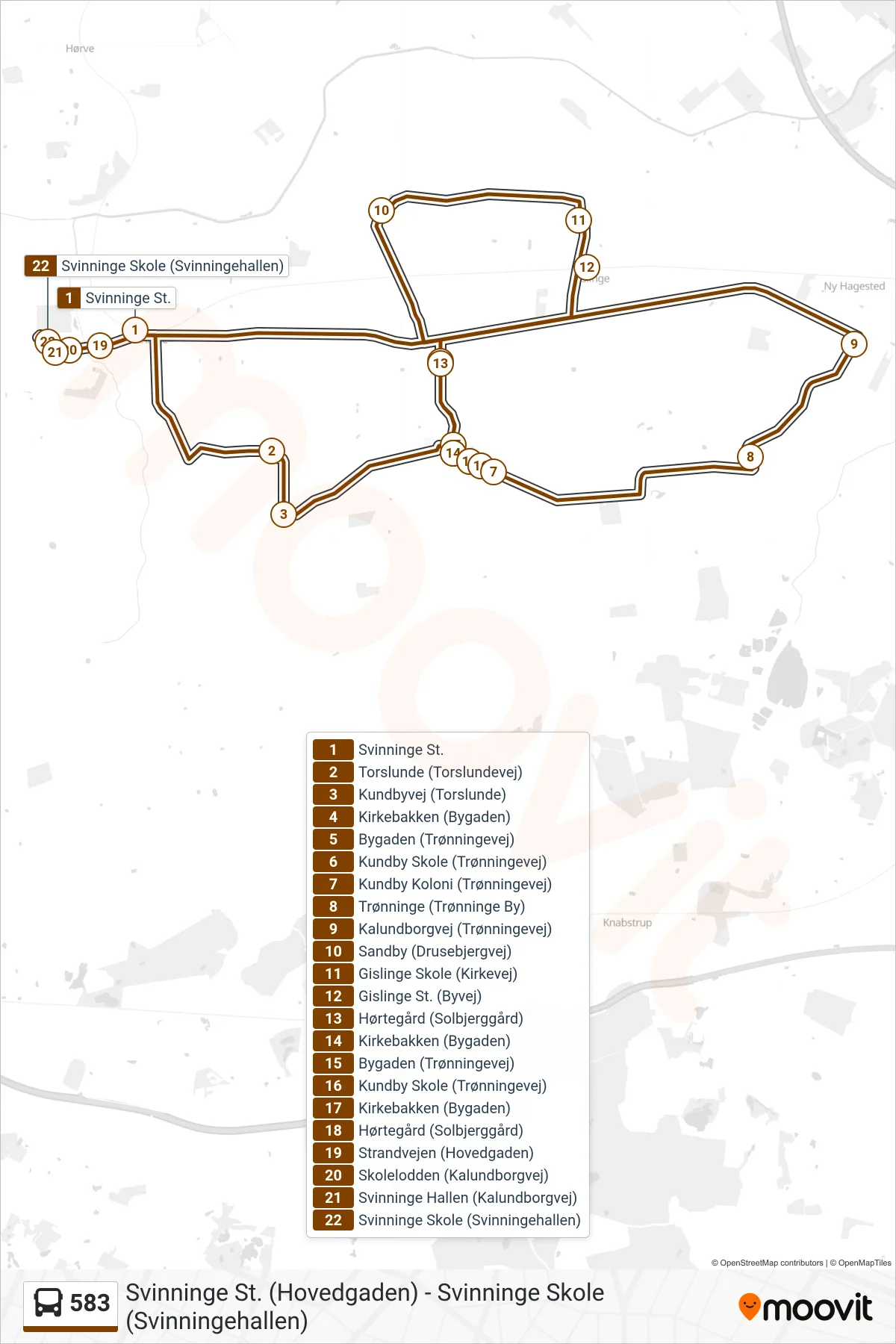 583 bus Linje (Svinninge Skole) rute og stop på et kort