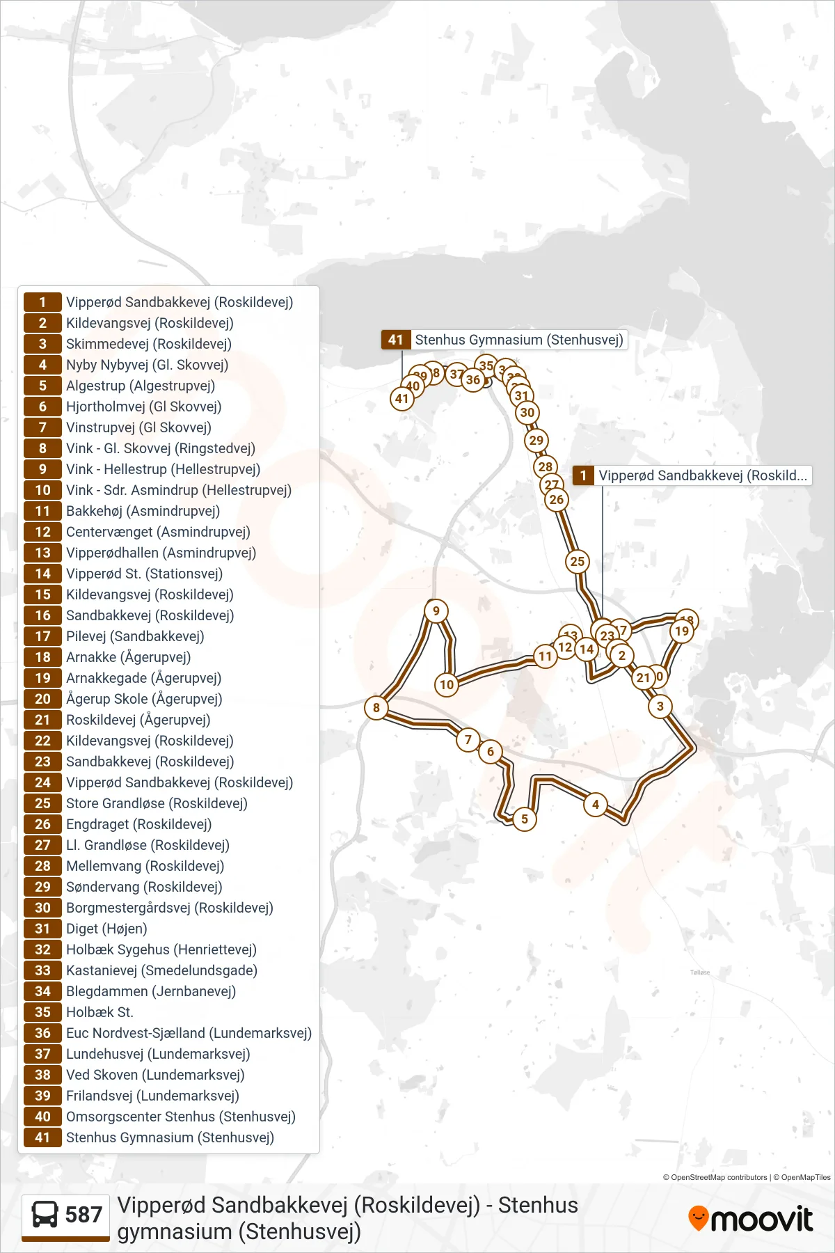 587 bus Linje (Stenhus Gymnasium (Stenhusvej)) rute og stop på et kort