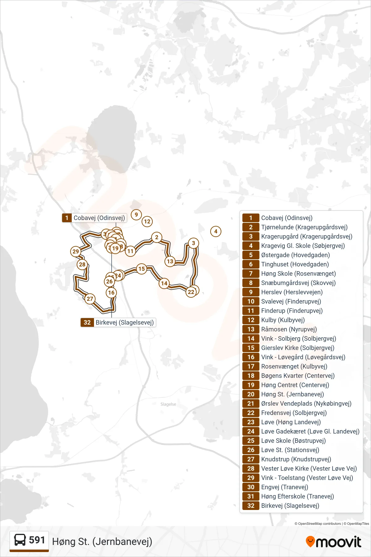 591 bus Linje (Høng St. (Jernbanevej)) rute og stop på et kort