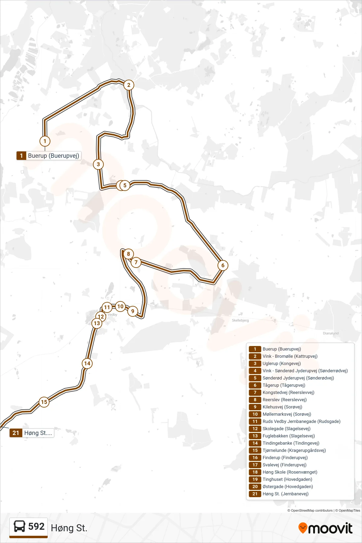 592 bus Line (Høng St.) route and stops on a map