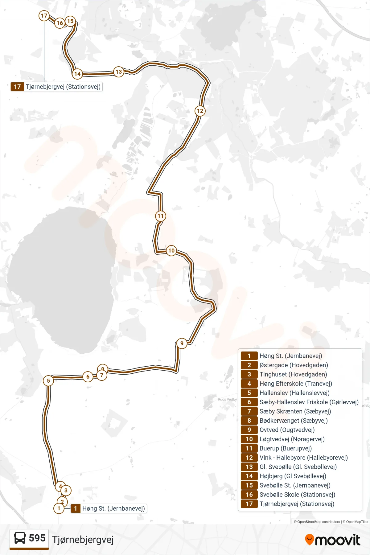595 bus Linje (Tjørnebjergvej) rute og stop på et kort