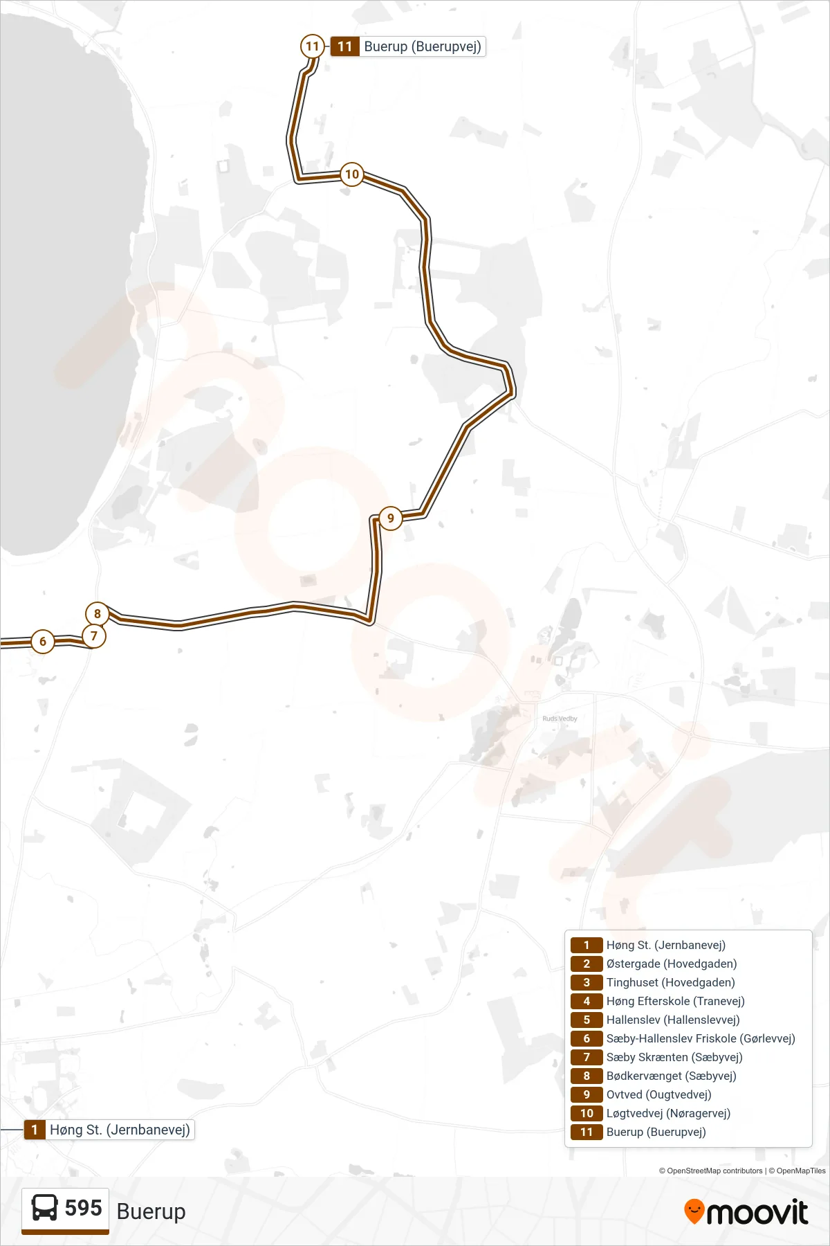 595 bus Linje (Buerup) rute og stop på et kort