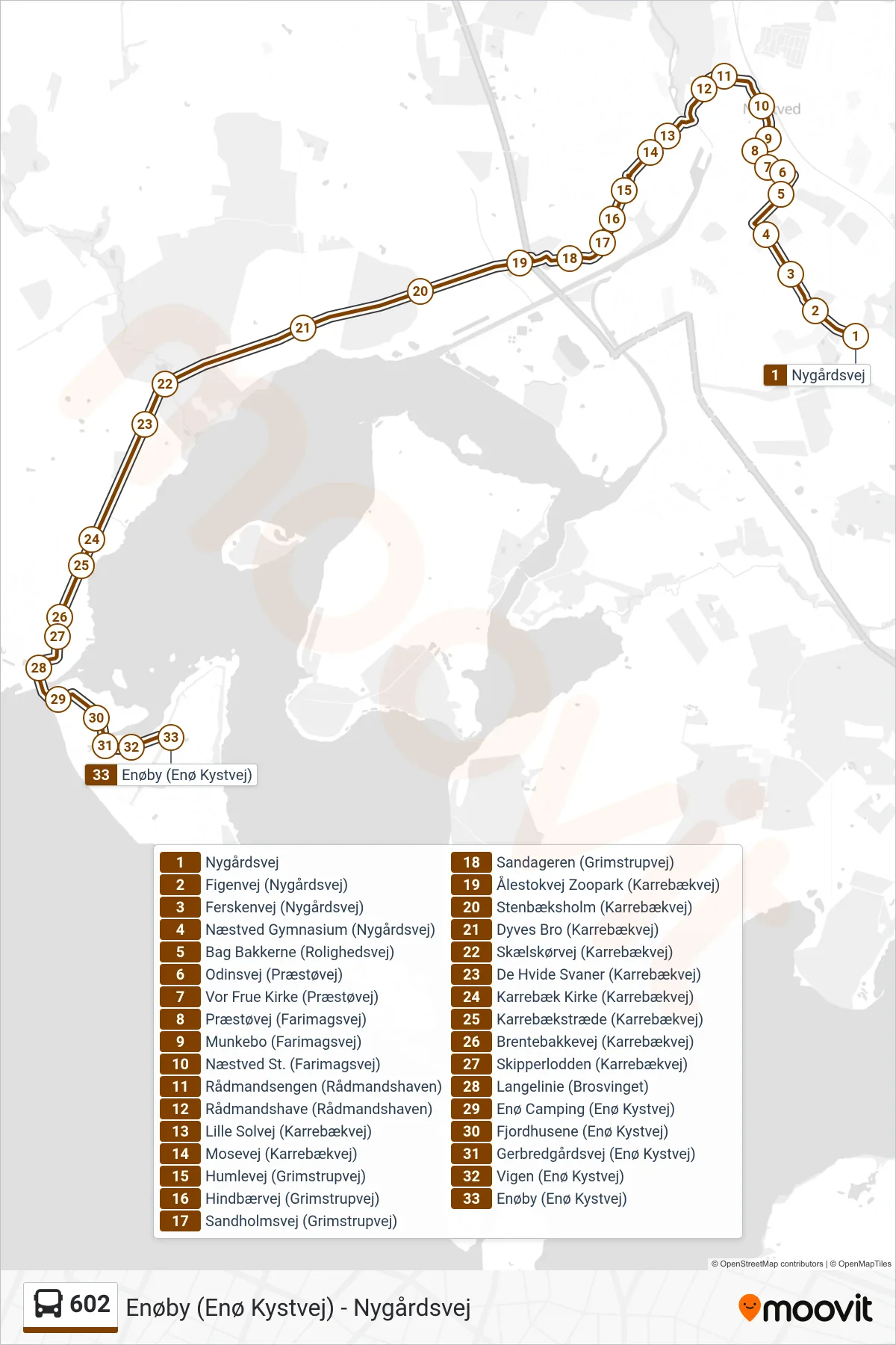 602 bus Line (Enøby (Enø Kystvej)) route and stops on a map