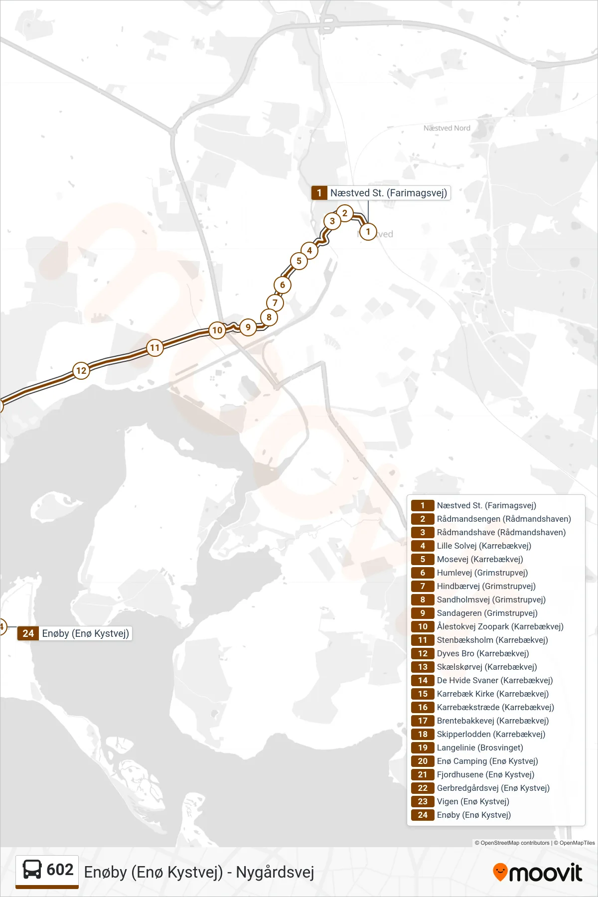 602 bus Linje (Enøby) rute og stop på et kort