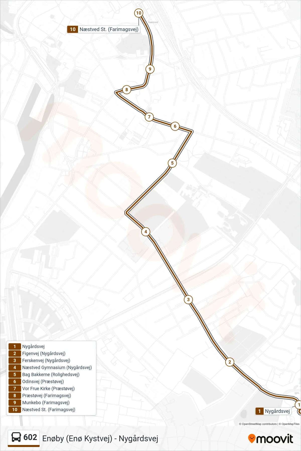 602 bus Linje (Næstved St.) rute og stop på et kort