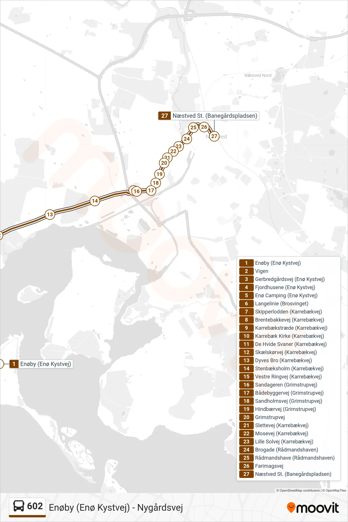 602 bus Linje (Næstved St.) rute og stop på et kort