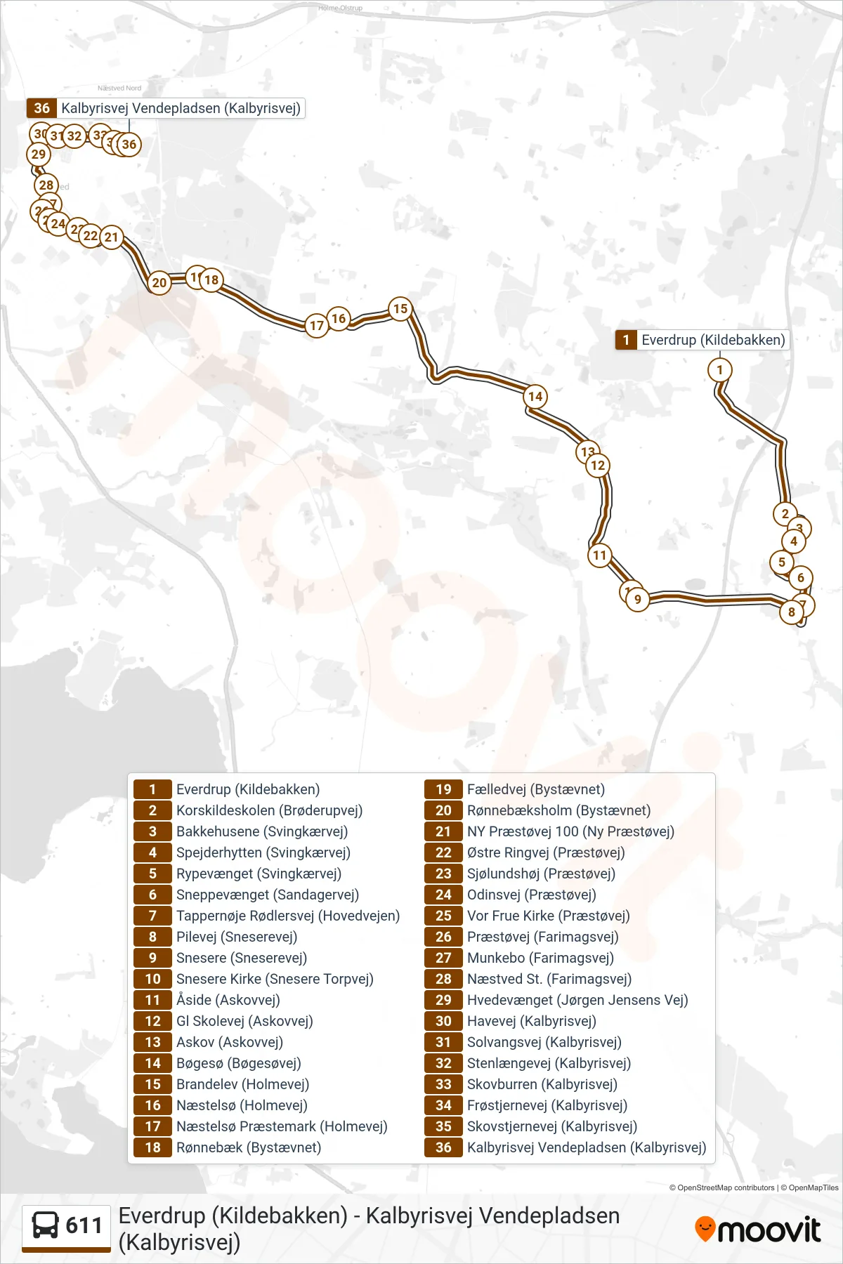 611 bus Linje (Kalbyrisvej) rute og stop på et kort