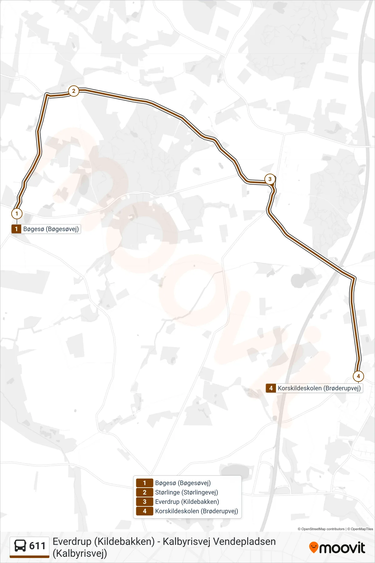 611 bus Linje (Brøderup) rute og stop på et kort