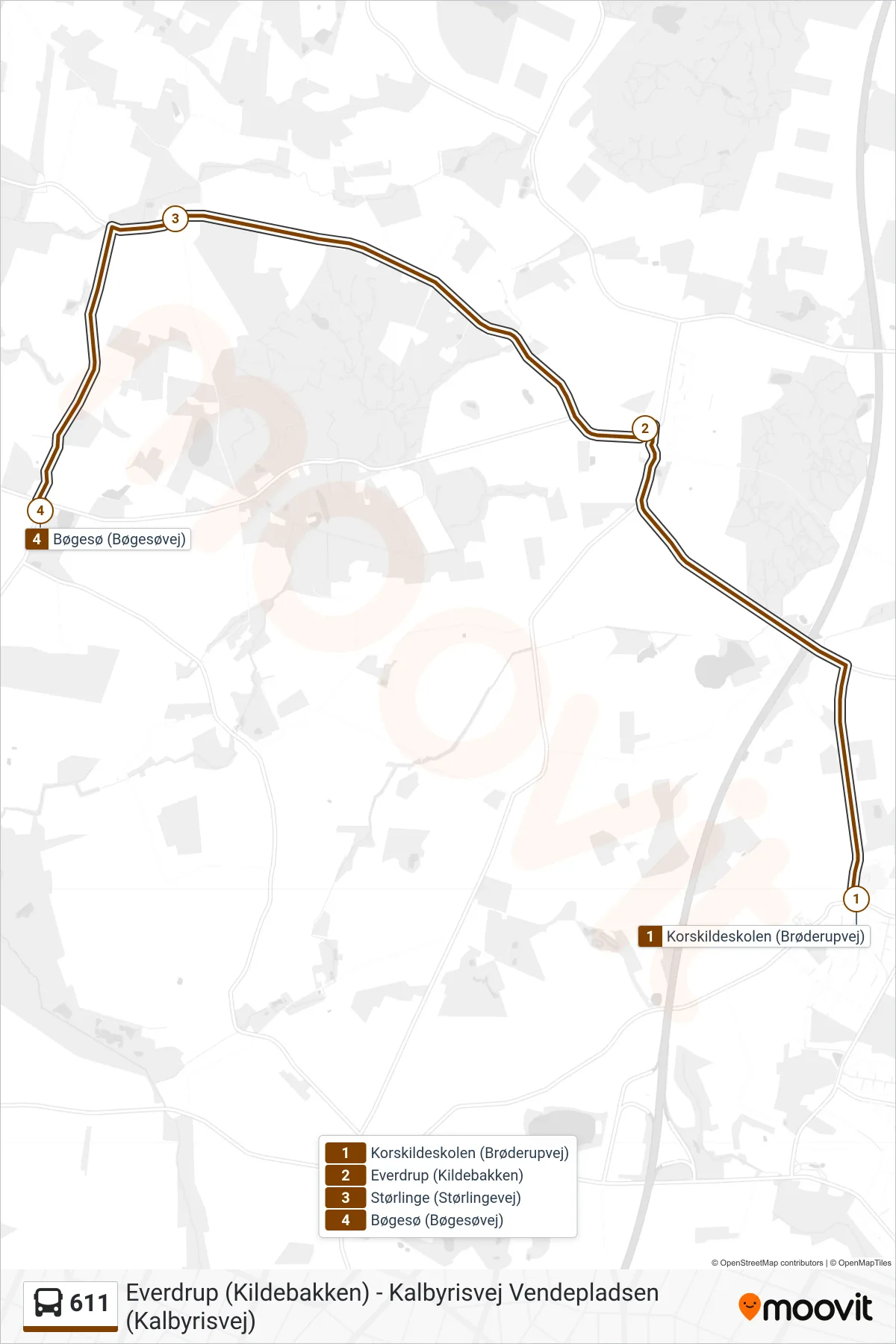 611 bus Linje (Bøgesø) rute og stop på et kort