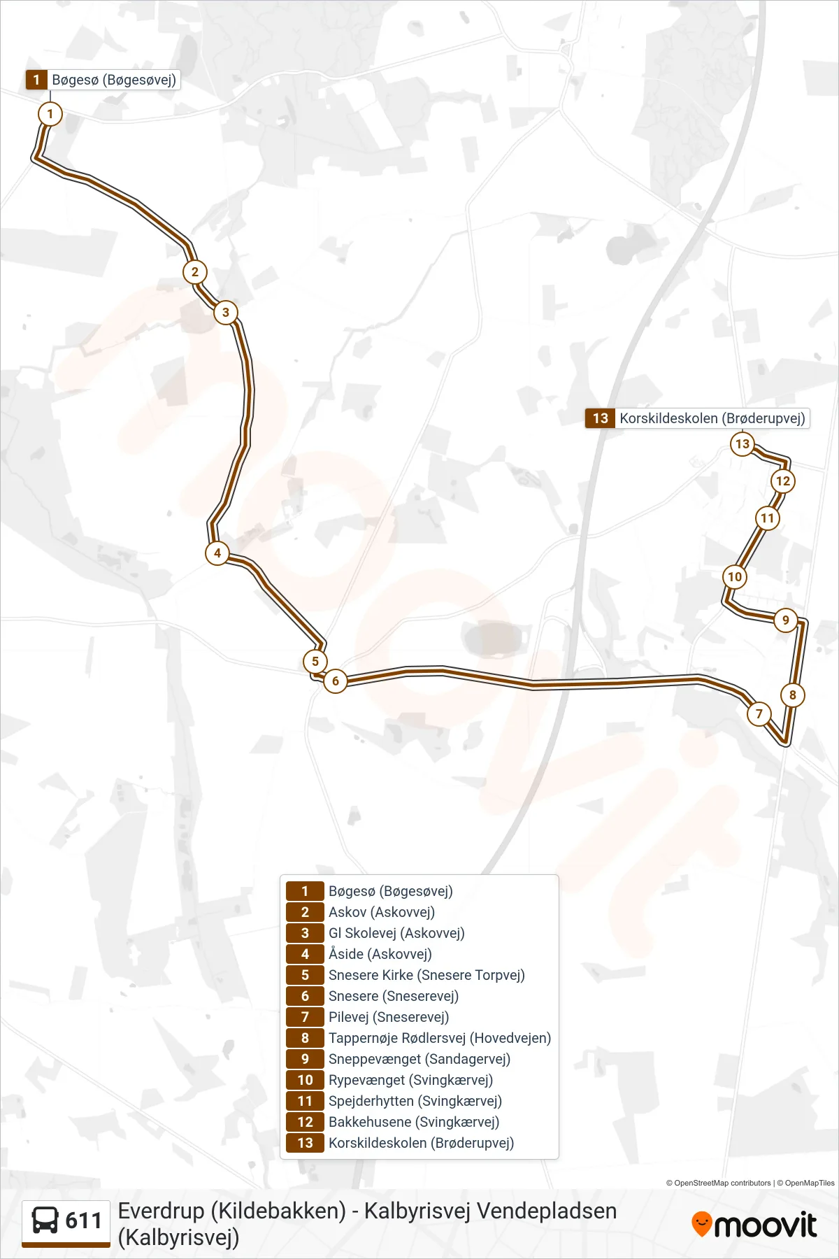 611 bus Linje (Brøderup) rute og stop på et kort