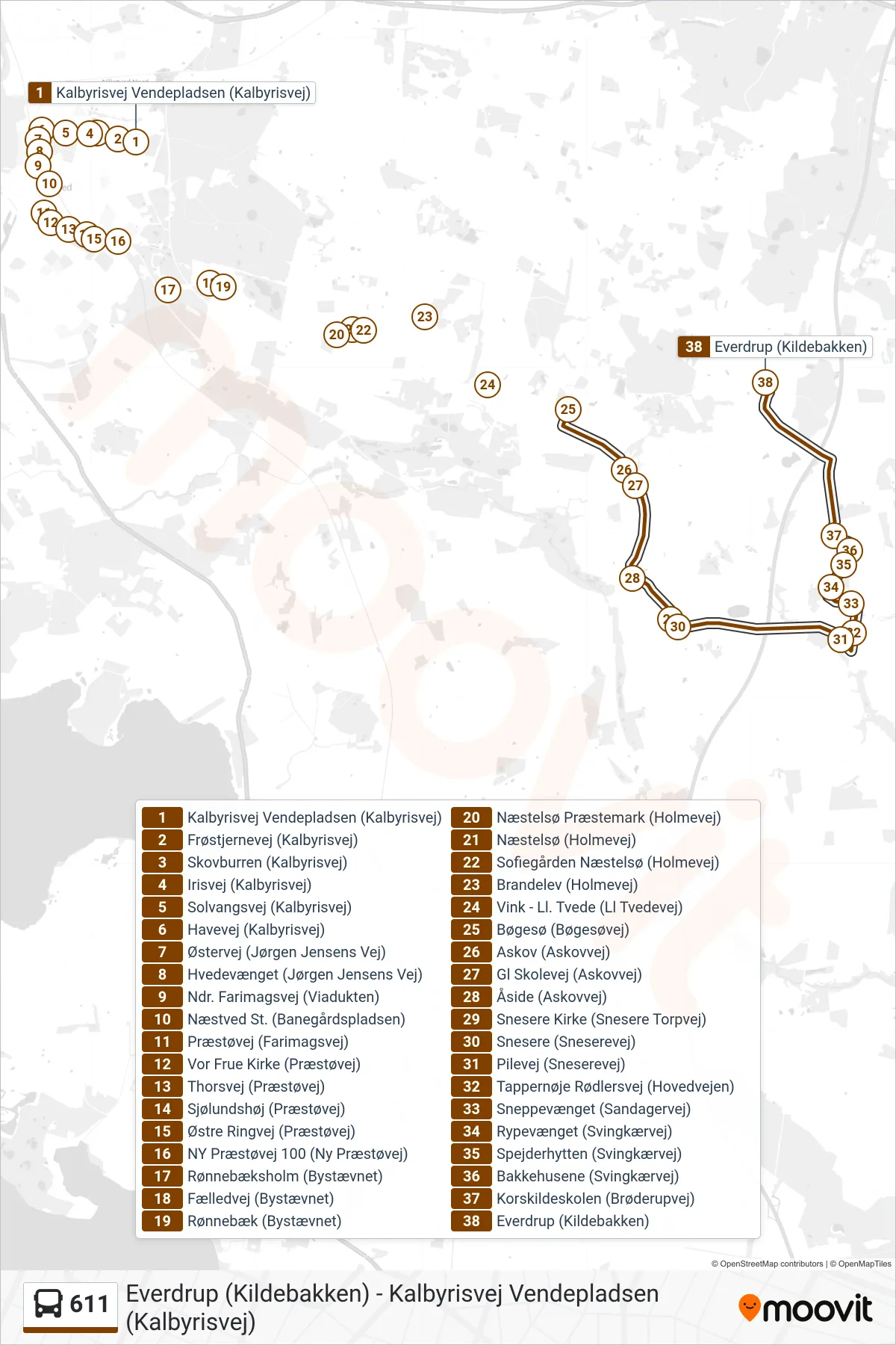 611 bus Linje (Everdrup Via Tappernøje) rute og stop på et kort