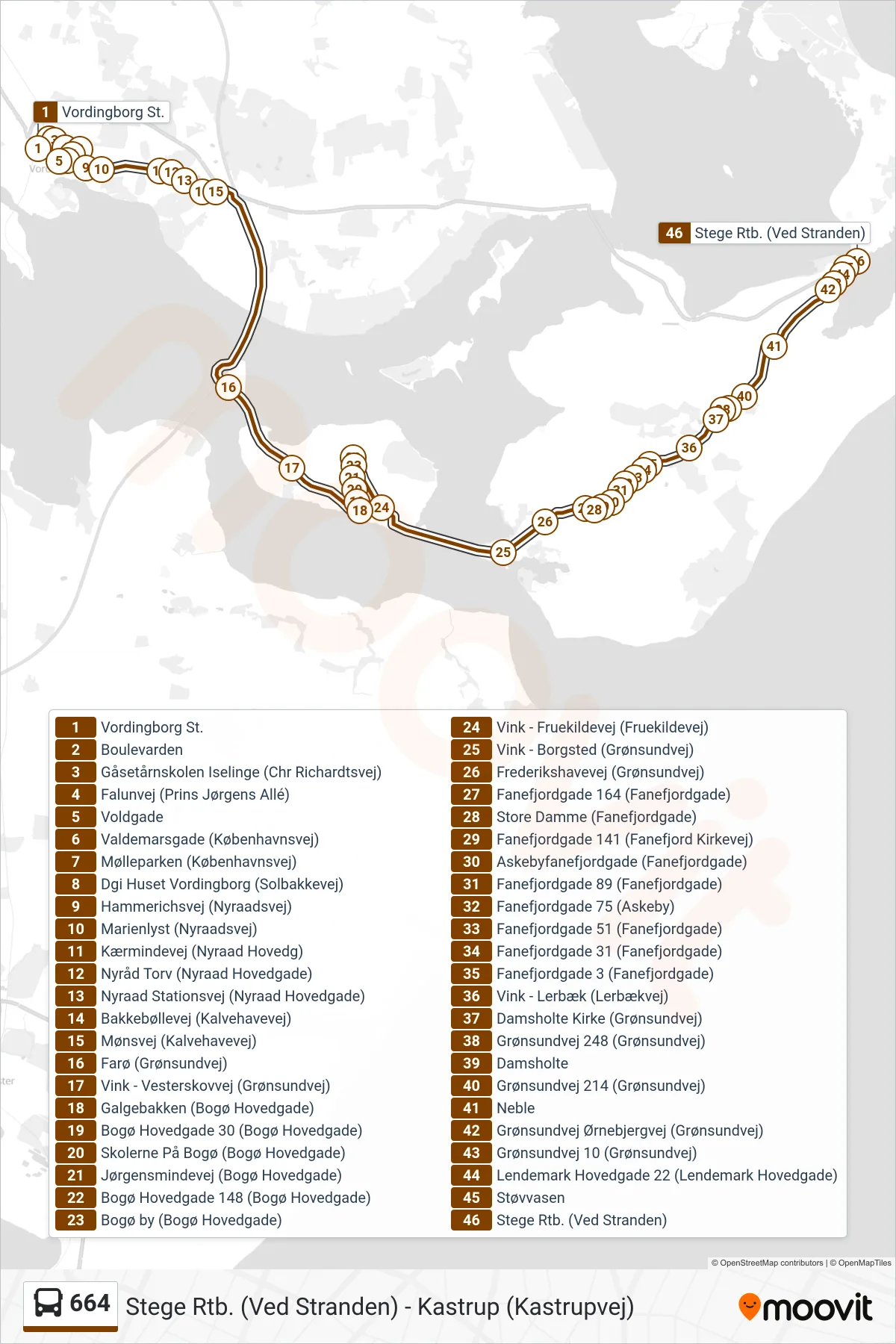 664 bus Linje (Stege Rtb. (Ved Stranden)) rute og stop på et kort