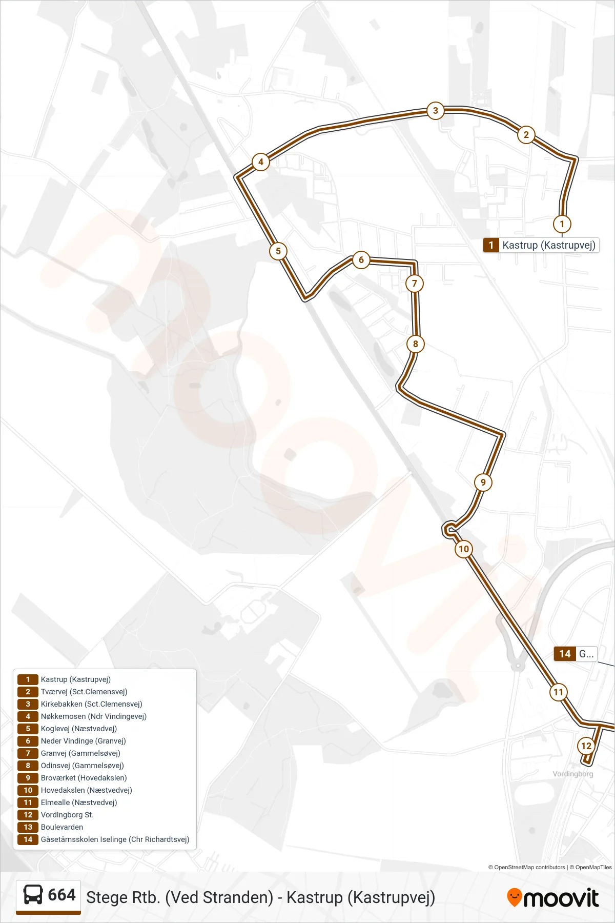 664 bus Linje (Gåsetårnskolen) rute og stop på et kort