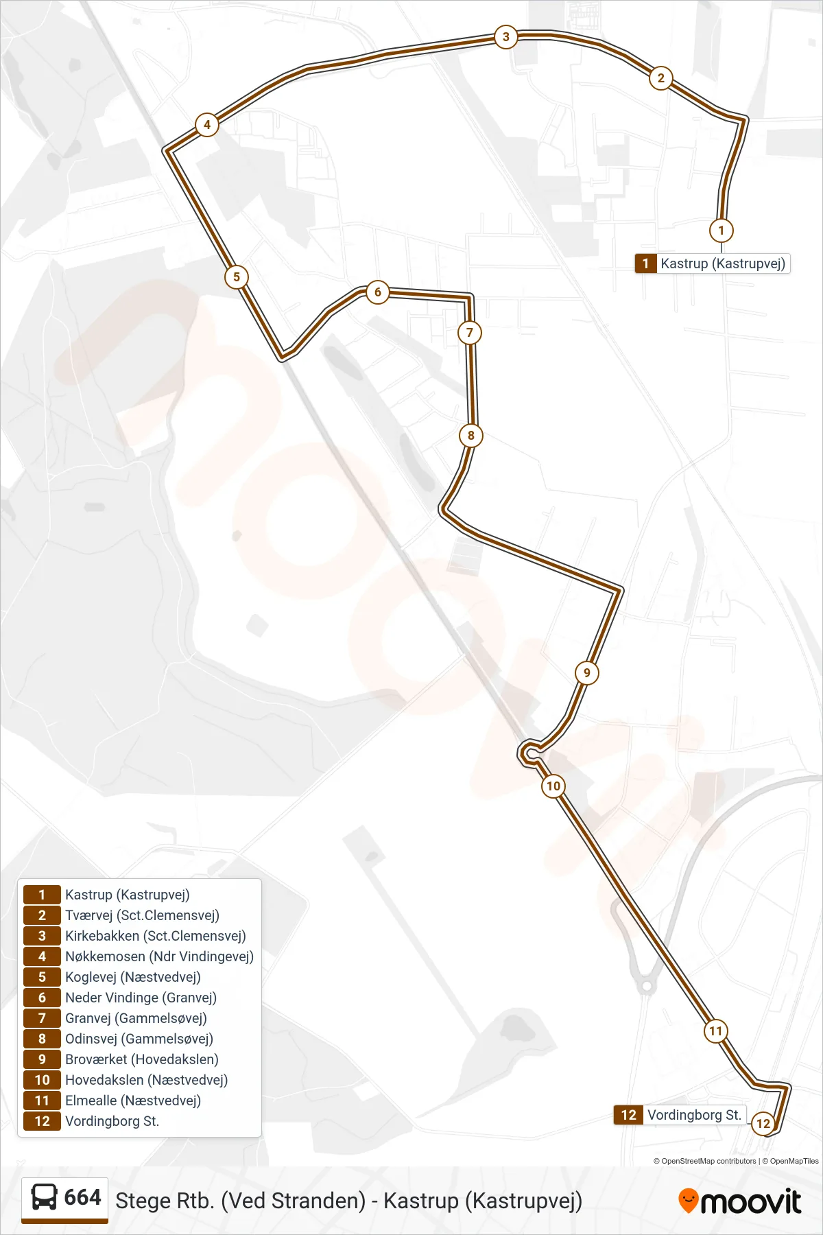664 bus Linje (Vordingborg St.) rute og stop på et kort