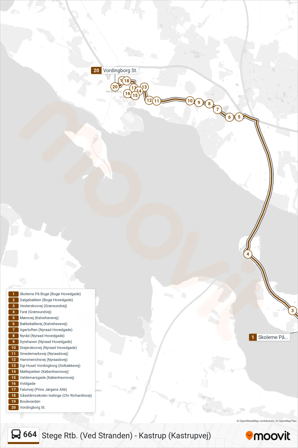 664 bus Linje (Vordingborg St.) rute og stop på et kort