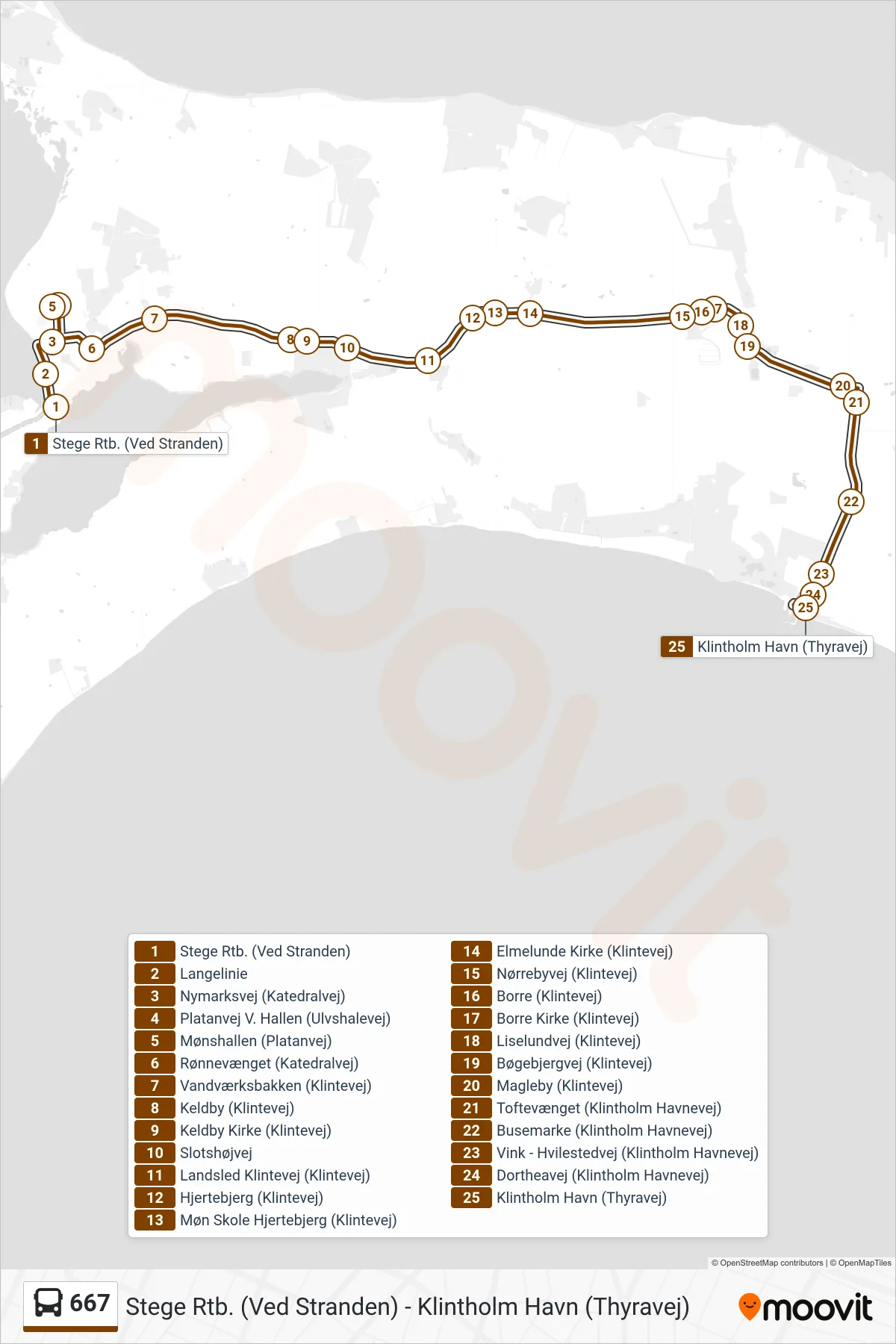 667 bus Linje (Klintholm Havn) rute og stop på et kort