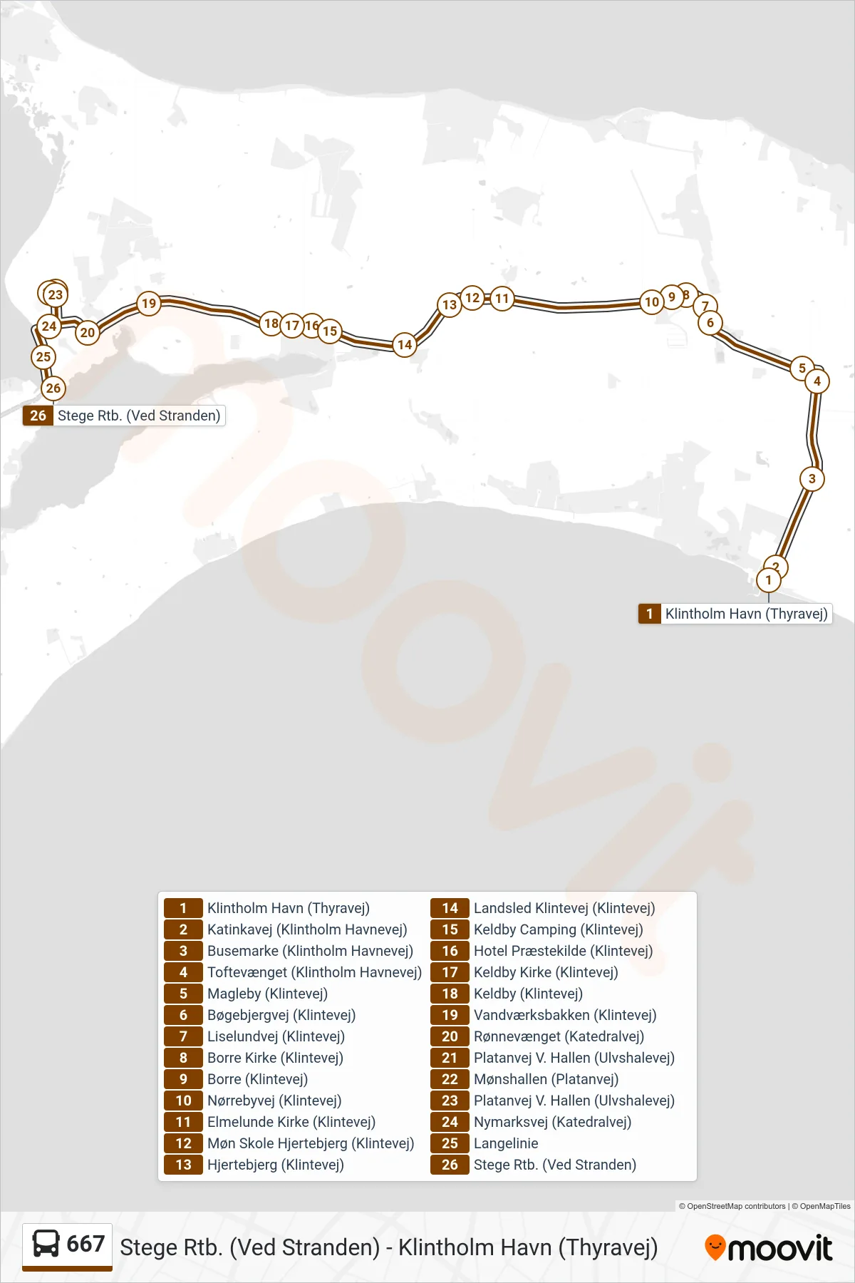 667 bus Linje (Stege) rute og stop på et kort