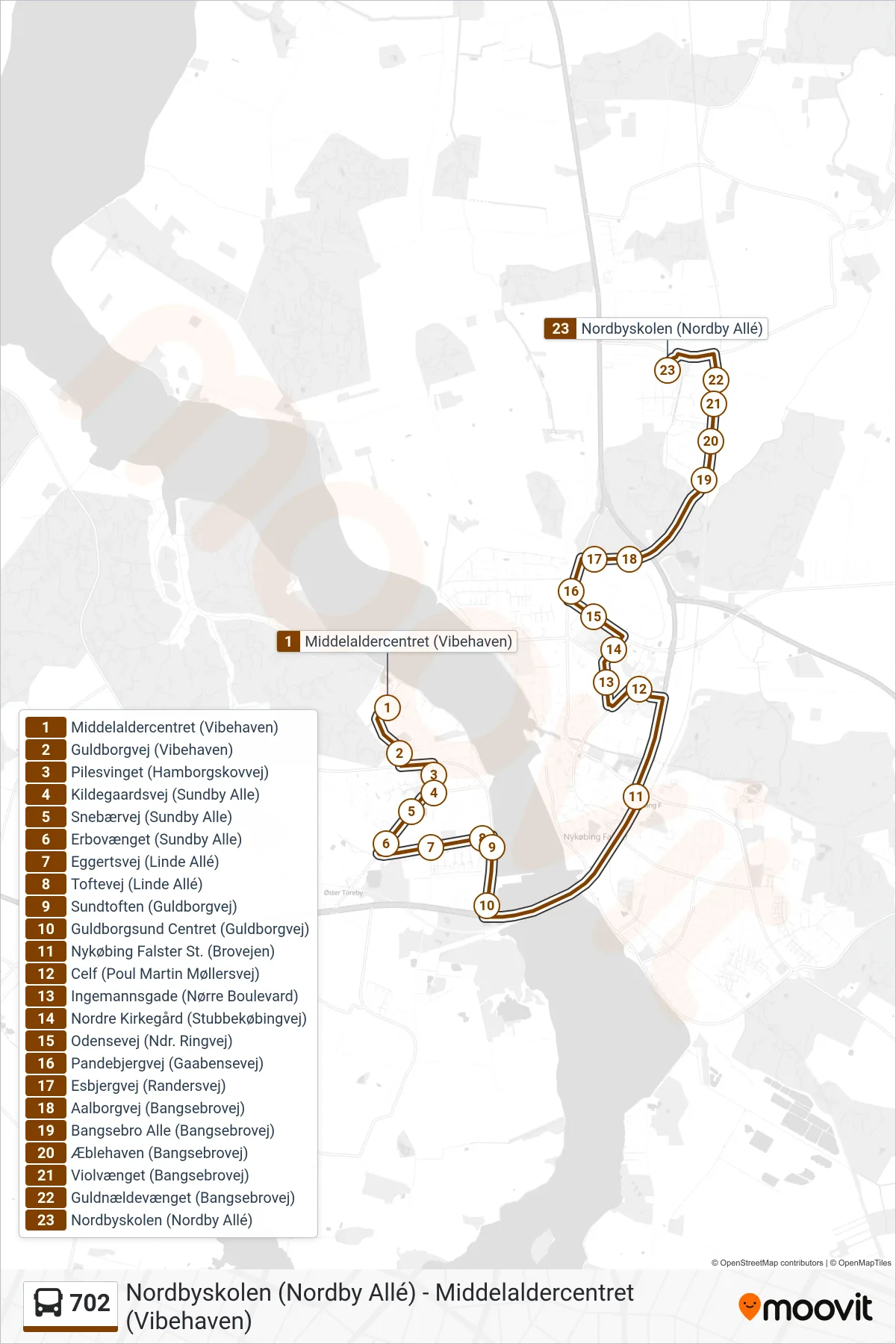 702 bus Linje (Nordbyskolen (Nordby Allé)) rute og stop på et kort
