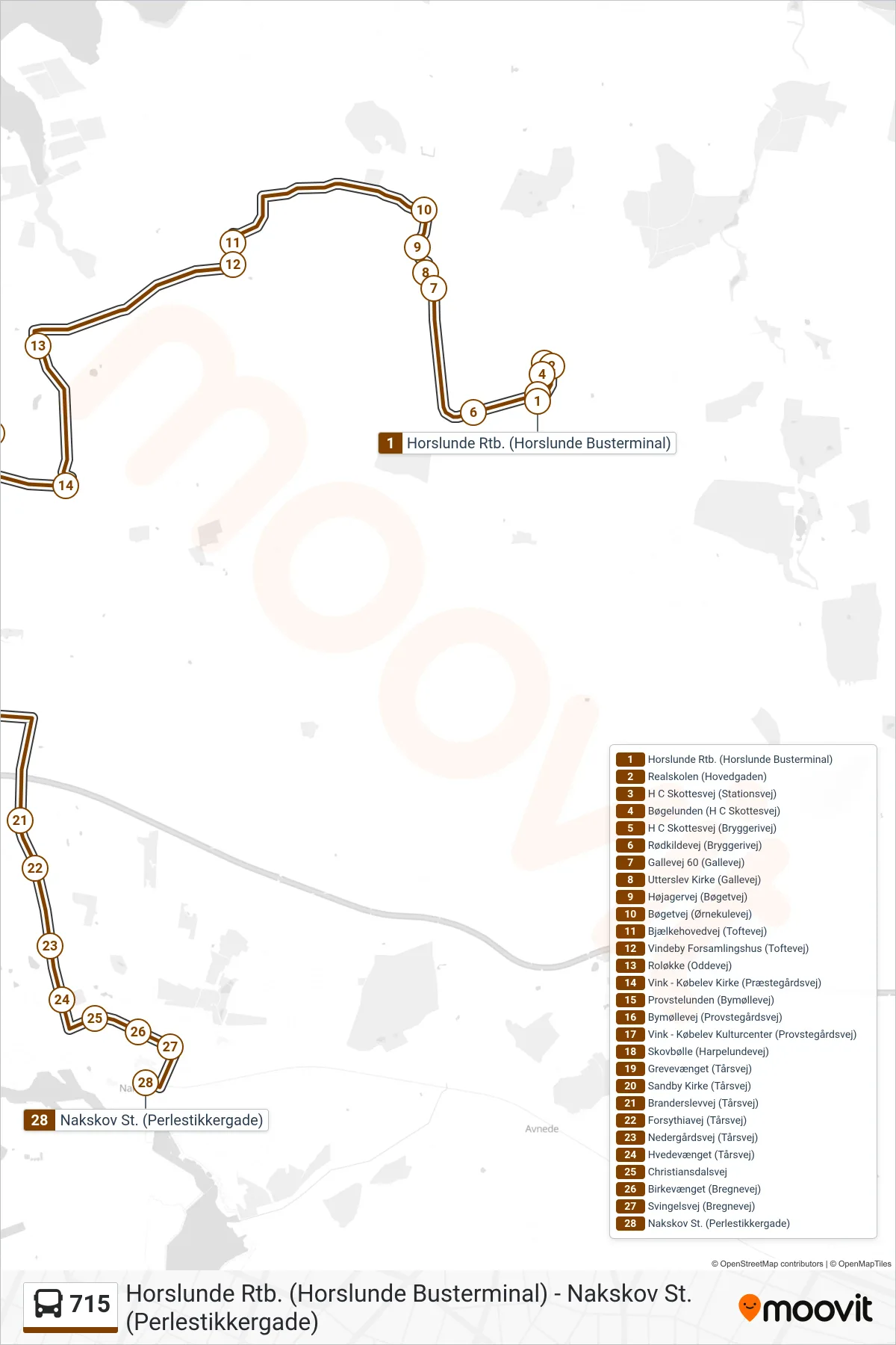 715 bus Linje (Nakskov St.) rute og stop på et kort