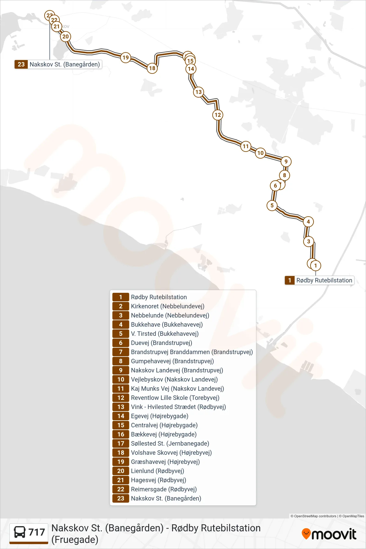 717 bus Linje (Nakskov St.) rute og stop på et kort