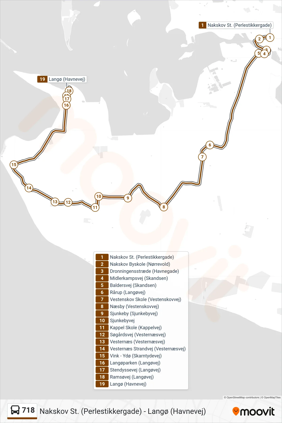 718 bus Linje (Langø) rute og stop på et kort
