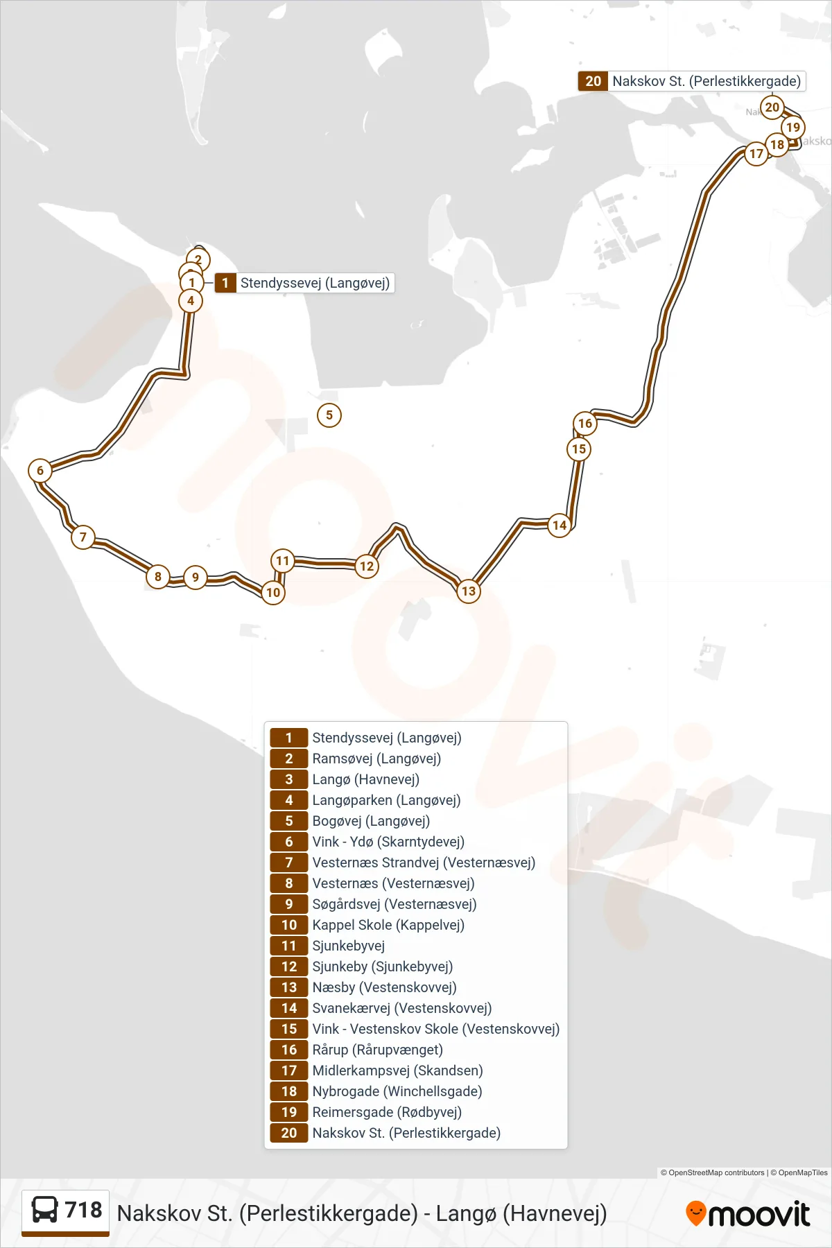 718 bus Line (Nakskov St.) route and stops on a map