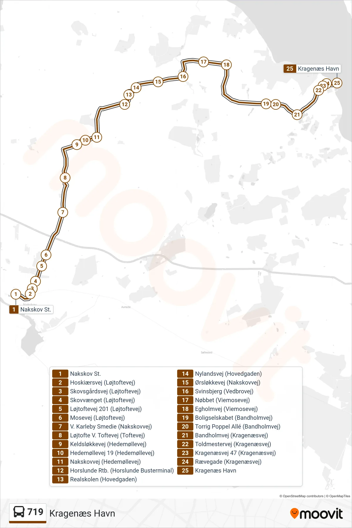 719 bus Linje (Kragenæs Havn) rute og stop på et kort