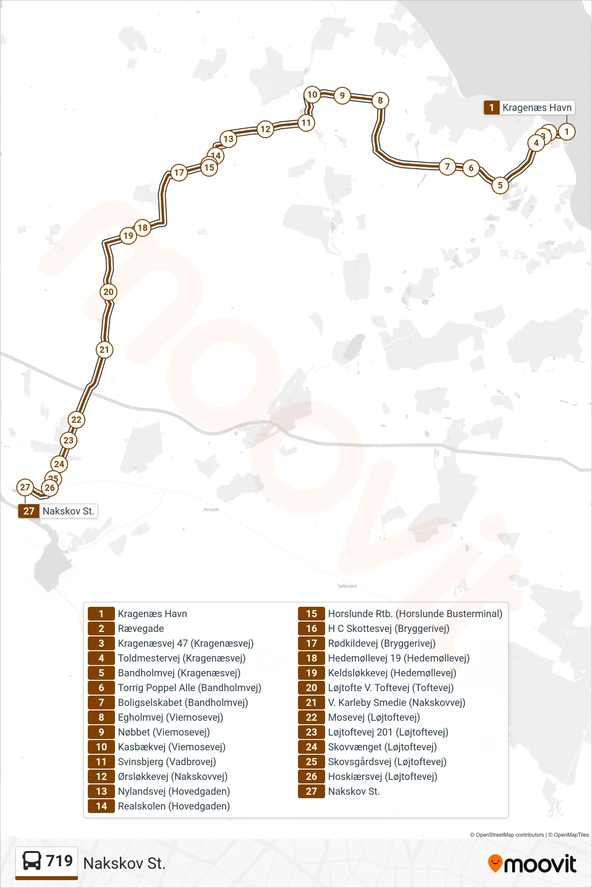 719 bus Line (Nakskov St.) route and stops on a map