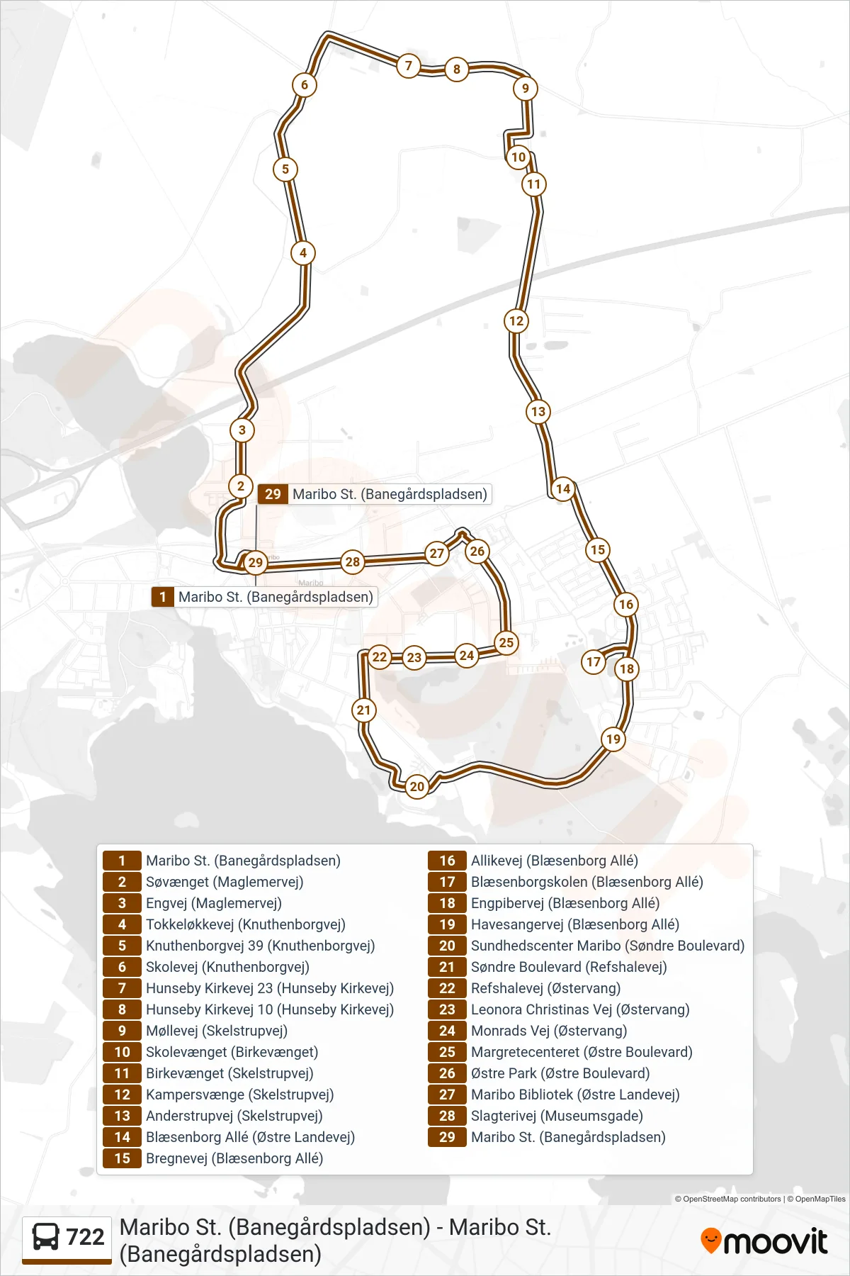 722 bus Linje (Maribo St.) rute og stop på et kort
