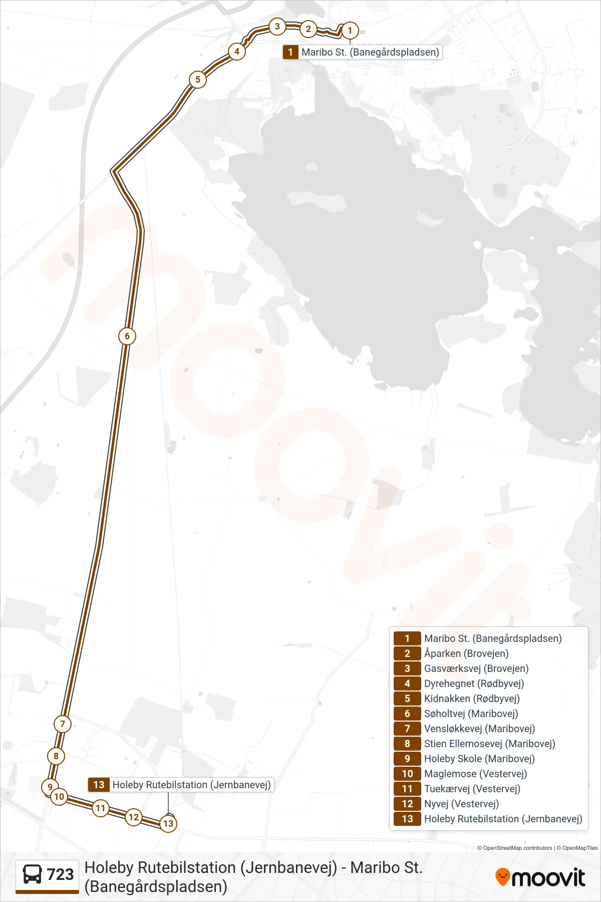 723 bus Linje (Holeby) rute og stop på et kort