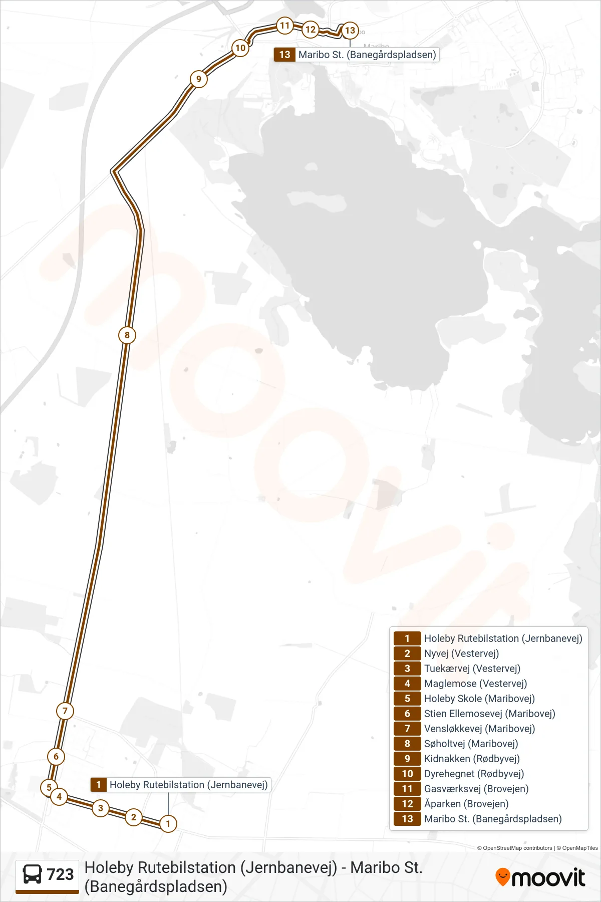 723 bus Linje (Maribo St.) rute og stop på et kort