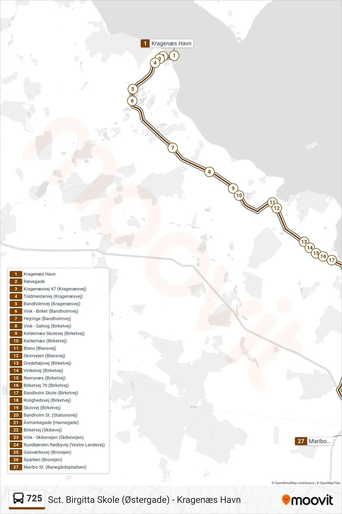 725 bus Linje (Maribo St.) rute og stop på et kort