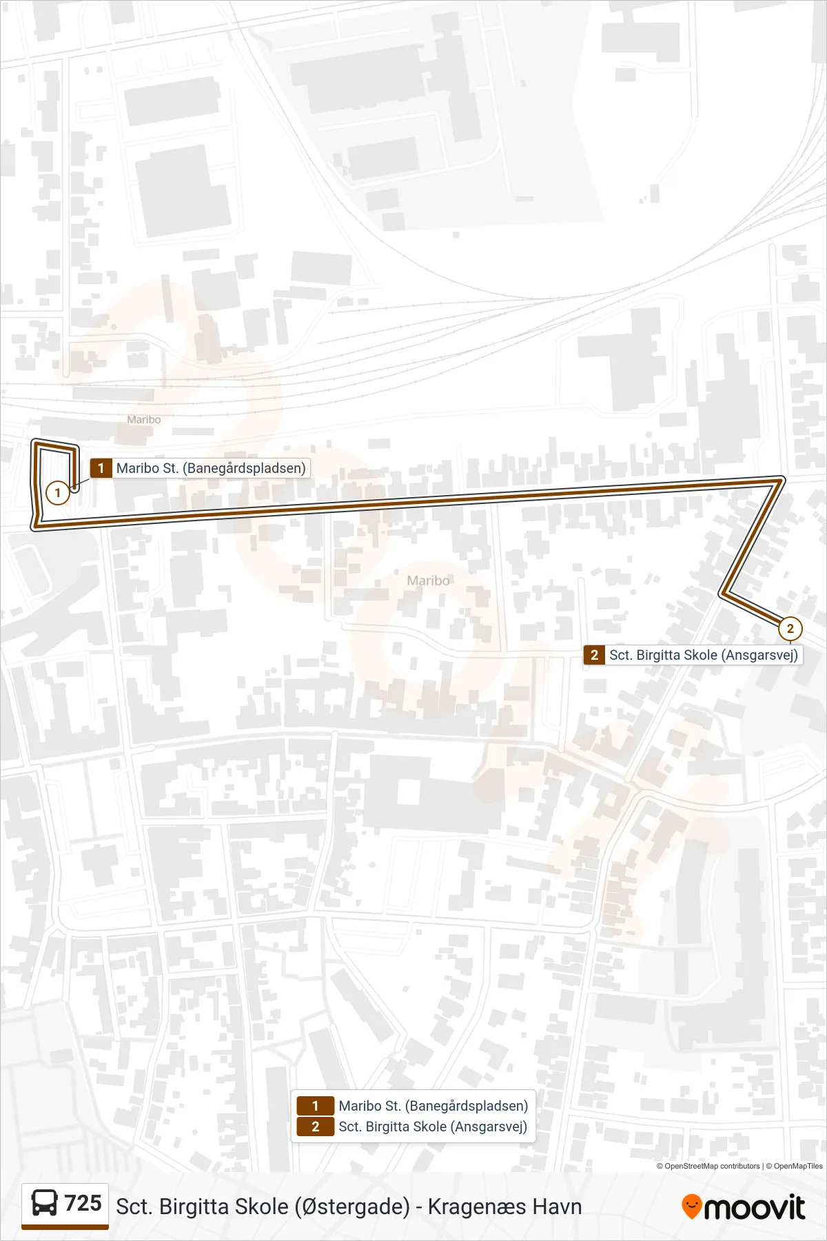 725 bus Linje (Sct. Birgitta Skolen) rute og stop på et kort